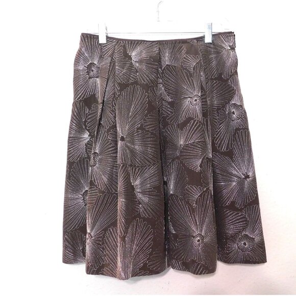 Talbots Skirt Womens 10P Petites Brown Pleated Floral Embroidery Pockets Silk - Picture 6 of 8